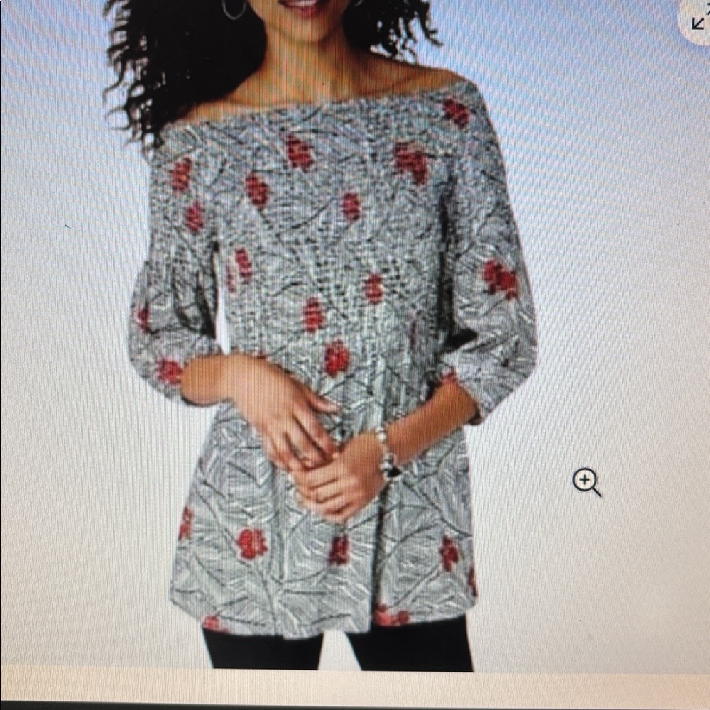 J Jill black and red floral print shirred smocked 3/4 sleeve tunic size XL NWT